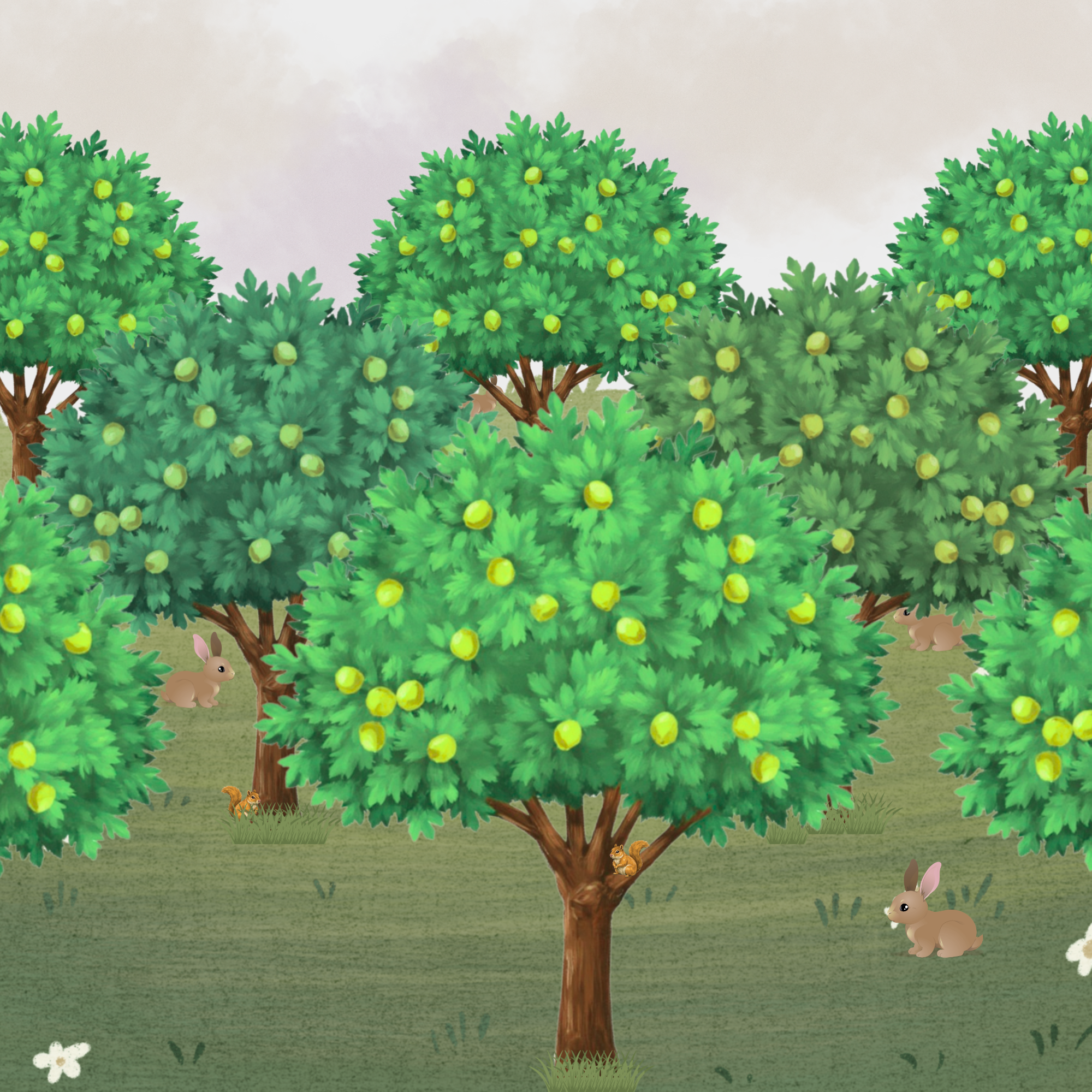 Several Fruit Trees Growing In A Field With Some Small Animals Around Them